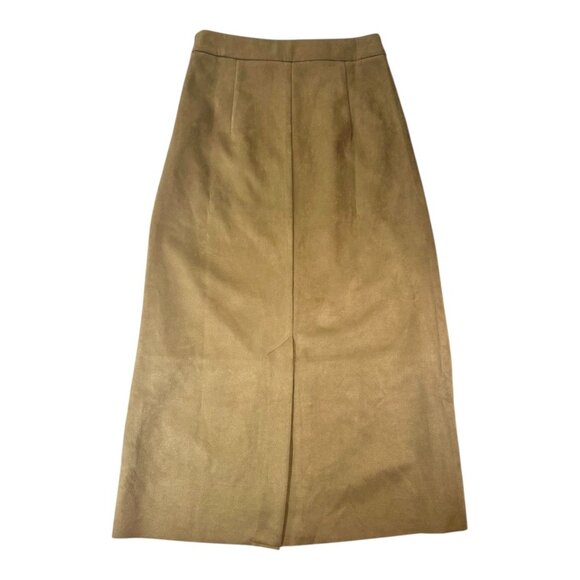Runway-Inspired! NWT Olive Green Faux-Suede Midi Skirt S – Sleek Back Slit - Picture 3 of 7